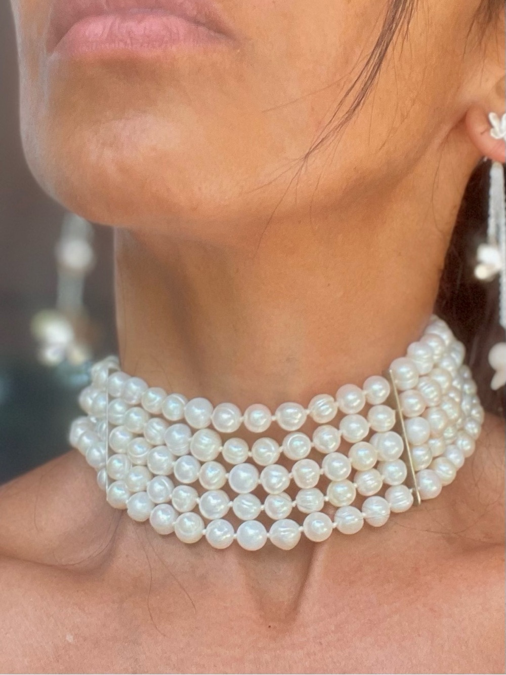 Elegant 925 genuine White Pearl Multi-Strand Choker Necklace